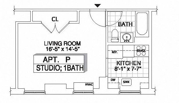 Floor plan for studio, 1 bath, 396 sqft